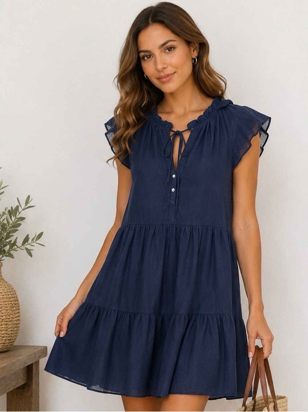 Veronica Beard 100% Linen Navy Tiered Mini Dress Ruffle Trim Cotton Lined